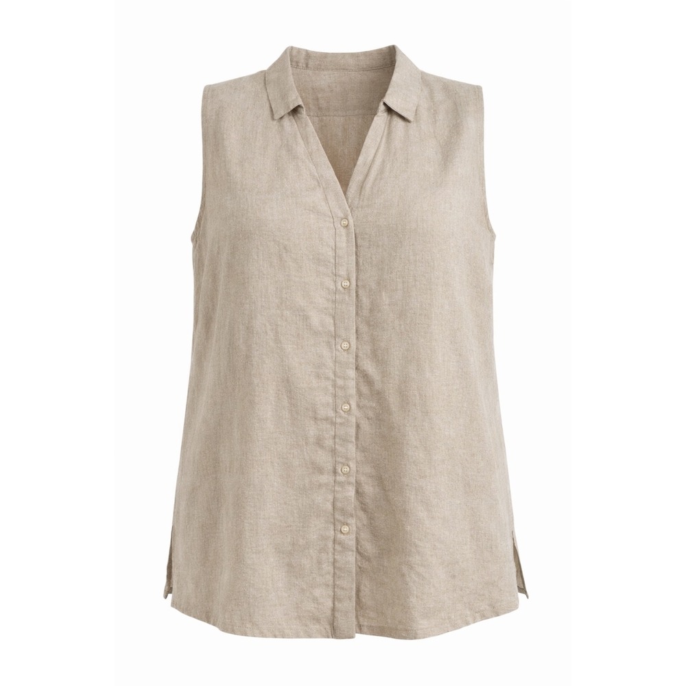 Tahari Sleeveless Button-Down Linen Blend Top in Light Beige